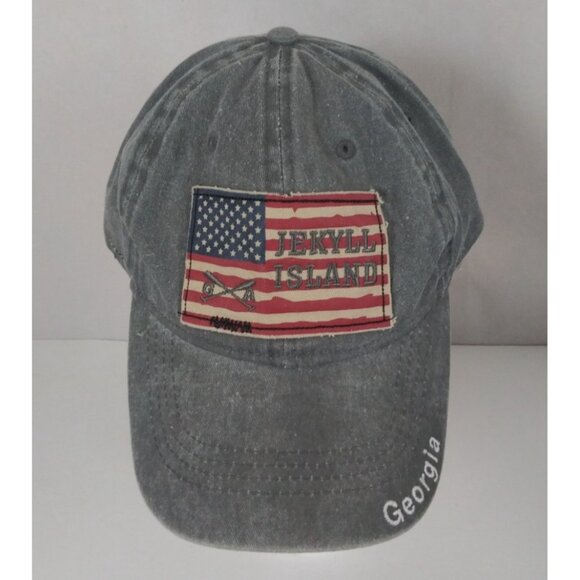 Jekyll Island Georgia Embroidered USA Flag Gray Adjustable Baseball Cap - Picture 1 of 7